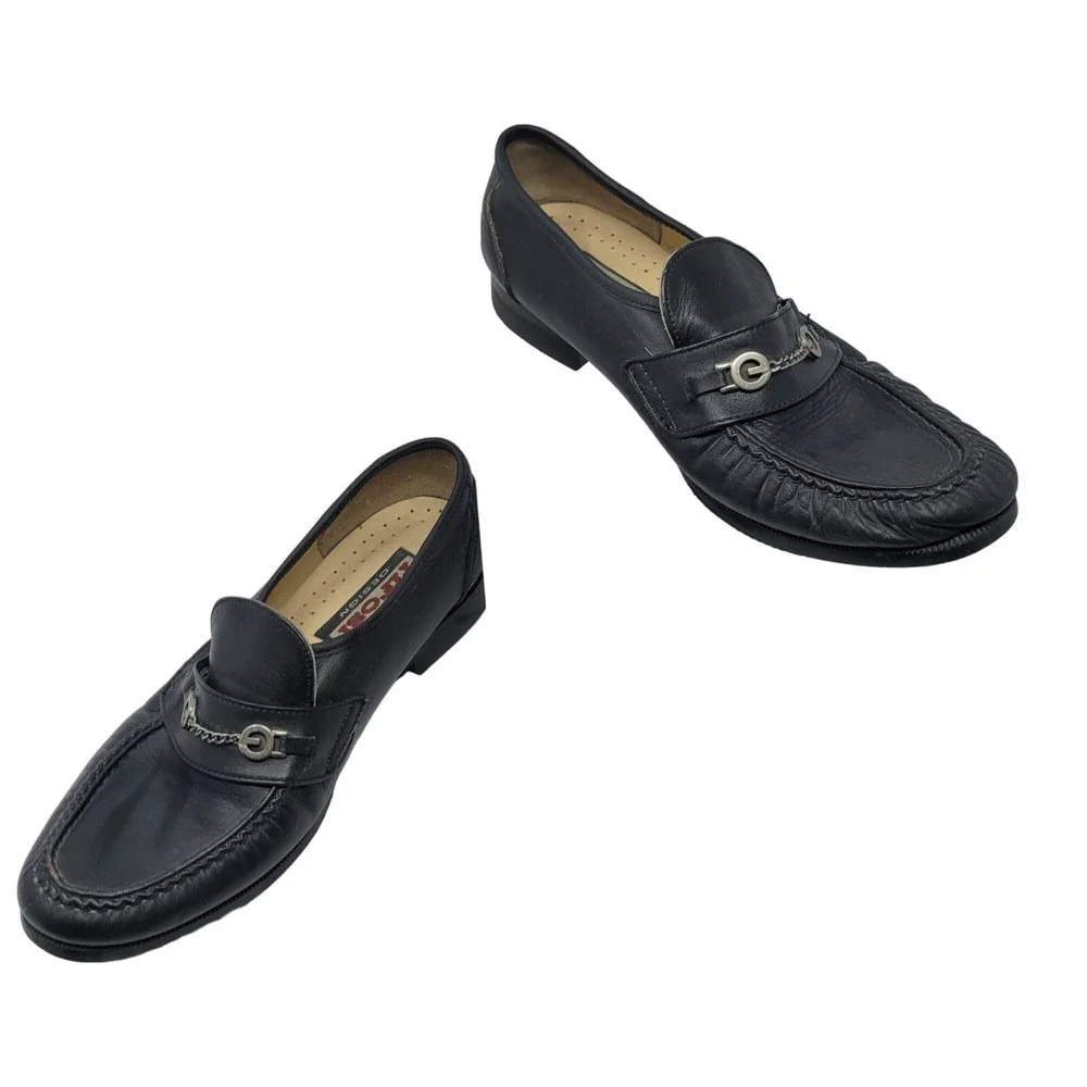 Womens Tifosi Design Black Leather Loafers Chain Detail 41‎ Wide Comfort Slip On